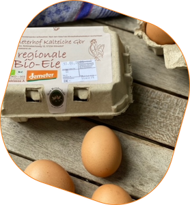 KI generiert: Das Bild zeigt eine Eierverpackung mit der Aufschrift "Regionale Bio-Eier" sowie einige lose braune Eier auf einem Holztisch. Im Hintergrund ist ein Teil eines blauen Stoffes zu sehen.