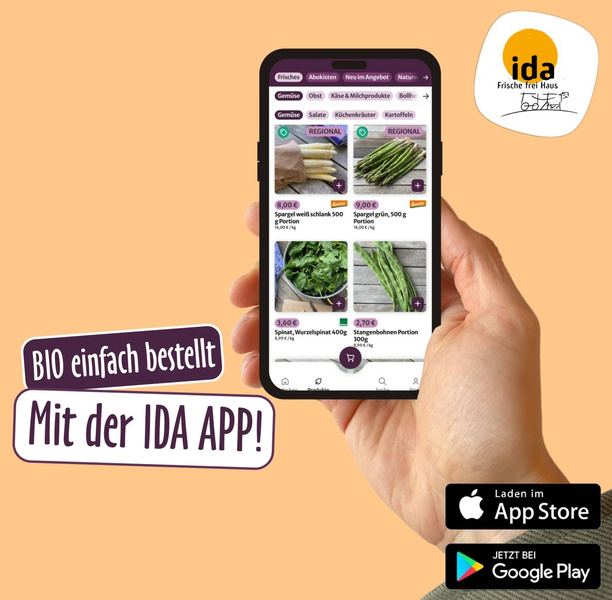 KI generiert: Hand hält ein Smartphone mit einer Einkaufs-App für Bio-Produkte. Text: "BIO einfach bestellt! Mit der IDA APP!"