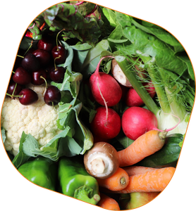 KI generiert: Das Bild zeigt eine Vielzahl von frischem Gemüse und Obst, darunter Radieschen, Karotten, Blumenkohl, Kirschen und Paprika. Der Hauptinhalt ist eine bunte Auswahl an gesunden Lebensmitteln.